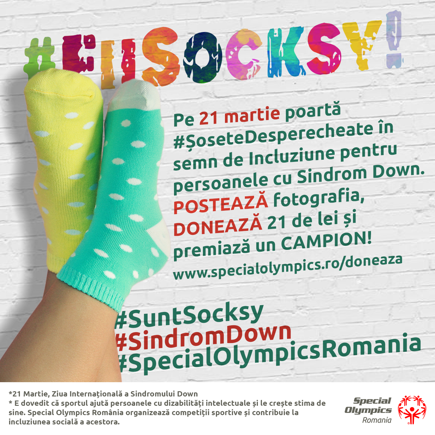 De Ziua Internațională a Sindromului Down, Special Olympics România vă provoacă să purtați #ŞoseteDesperecheate și să premiați Campionii