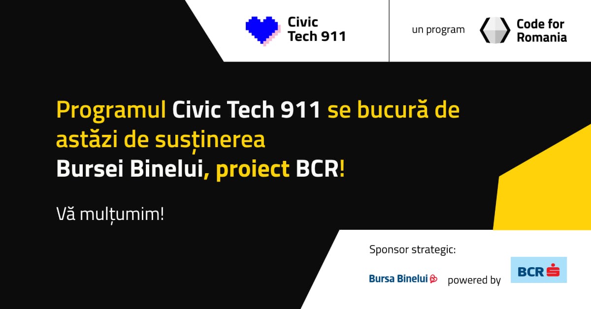 Code for Romania anunță noul partener al programului Civic Tech 911 - BCR, prin proiectul Bursa Binelui